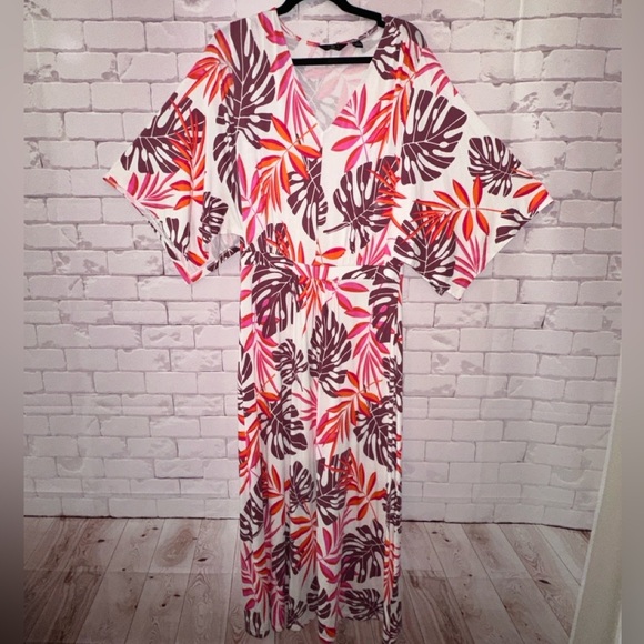 G by Giuliana Pink and Orange Tropical Print Leaf Maxi Dress Summer Stretchy - Picture 2 of 8